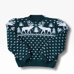 Vtg Sweater Hand Knit Nordic Fair Isle Reindeer Green White Snowflake Women Sz L